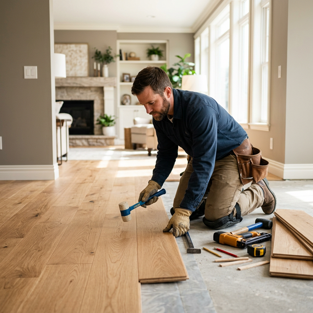 A Floor & Walls Specialist craftsman installing hardwood flooring in a Toronto home