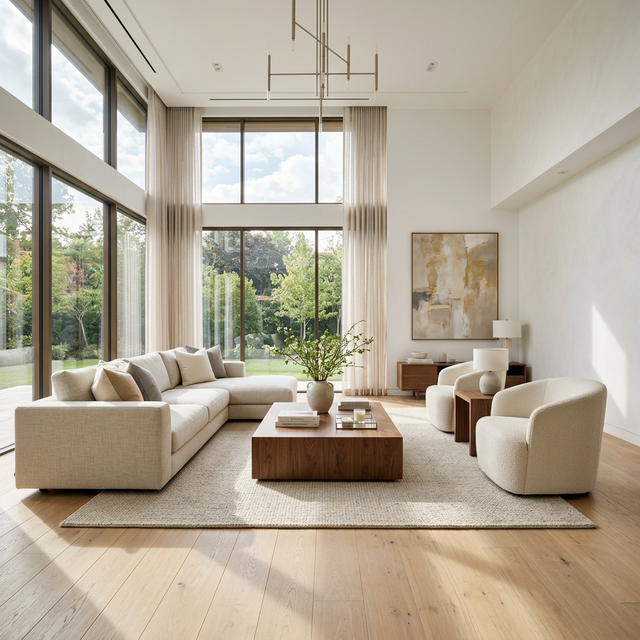 Luxury renovated living room with wide-plank hardwood floors and floor-to-ceiling windows